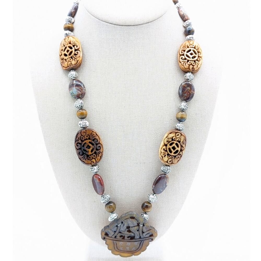 Silver Tone Jasper & Tiger's Eye Carved Resin & Carved Stone Pendant Necklace